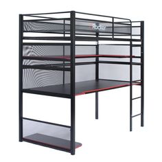 a black metal bunk bed with red shelves and mesh netting on the bottom shelf, against a white background