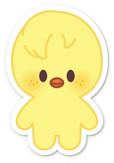 a yellow sticker with a cute little chicky face on it's chest