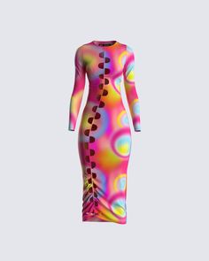 Let's get groovy baby 🕺 These colors and this print will have 'em all in a psychedelic daze Conservative Outfits, Maxi Dress Designs, Best Friend Outfits, Lace Up Dress, All The Right Places, Rainbow Dress, Friend Outfits, Mermaid Fashion, Cutout Dress