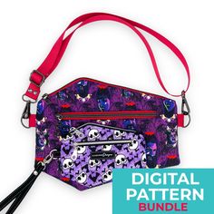 a purple purse with skulls on it and a red strap around the bottom, along with a digital pattern bundle