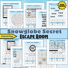 snowglbe secret escape room activity pack with text and pictures on the front cover