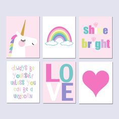 four prints with unicorns, hearts and rainbows on them in pastel colors