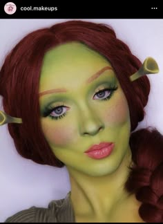 Princess Fiona Makeup, Ginger Hair Costume Ideas, Costumes With Red Hair, Pink Hair Costume, Fiona Makeup, Red Hair Costume Ideas, Shrek And Fiona Costume, Shrek Makeup, Fiona Costume