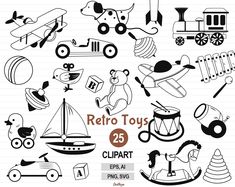 retro toys clipart for children's drawings on lined paper with the words,