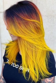 61 Sunshine Yellow Hair Color Shades to Liven up Your Look - Glowsly Hufflepuff Hair Color, Sunflower Hair Color Ombre Short, Sunflower Hair Color Ombre, Yellow And Brown Hair, Sunflower Hair Color, Yellow Hair Ideas, Neon Yellow Hair, Hair Color Yellow, Yellow Hair Dye