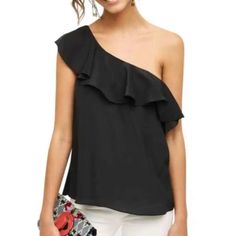 Maeve One Shoulder Top In Black Silk, Brand New With Tags! Side Zip. Size 4 Measurements Coming Soon! Black Summer Outfits, One Shoulder Ruffle Top, Black Ruffle Top, Lady Grey, Zuhair Murad, All Black Outfit, Anthropologie Top, One Shoulder Tops, Marchesa