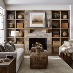 a living room filled with furniture and a fire place in front of a book shelf