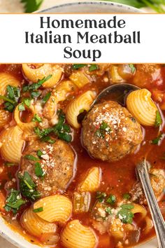 homemade italian meatball soup in a bowl with a spoon