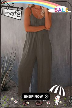 Gray Spaghetti Straps Wide Leg Pocketed Jumpsuits Casual Spaghetti Strap Jumpsuits And Rompers For Summer, Casual Stretch Jumpsuits And Rompers With Spaghetti Straps, Casual Stretch Jumpsuits With Spaghetti Straps, Casual Solid Jumpsuits And Rompers With Spaghetti Straps, Casual Solid Color Spaghetti Strap Jumpsuit, Pocket Jumpsuit, Spaghetti Strap, Jumpsuit Romper, Spaghetti