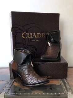 "MADE IN MEXICO Brand: Cuadra For: Women (view size chart) Details: - Sku: 3F87RS - Genuine Bovine Leather - Color: Black | Brown - Stk: CU591 - 6\" Top - 3\" Heel - Side Zipper - Folded Top - Stud Details - Leather Soles Care: Avoid exposing to sharp objects to prevent leather damage. Maintenance: Wipe with a soft and slightly damp cloth (with clean water) to remove dust; let it dry and apply color cream, let it dry and then polish with a soft and dry cloth. It is important not to shoe shine the boot, otherwise the natural touch and appearance could be damaged. Contact us for more details PLEASE READ BEFORE PURCHASE: The picture is an ACCURATE REPRESENTATION. Colors in the pictures may vary a little by effects of light. Leather color can vary from the pictures due to the nature of the lea Painted Hats, Shoe Shine, Hand Woven Baskets, Mini Hands, Cowboy Western, Western Cowboy Boots, Clean Water, Western Boots, Boot Shoes Women