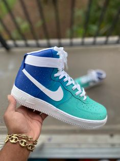 Custom turquoise  High Top Air Force 1s - Kiaun's Customs Airforce 1s, High Top Air Force, Nike Shoes Women Fashion, Custom Sneakers Diy, Painted Nikes, Nike Air Jordan Shoes, Air Force 1s, Nike High Tops, Jordan Shoes Girls