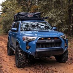 a blue toyota rav is parked on a dirt road in the middle of some trees