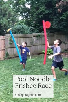 two boys playing in the yard with pool noodles and frisbees on a sunny day