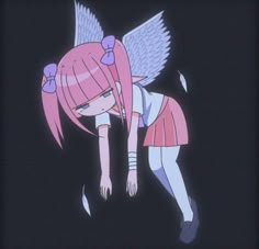 an anime character with pink hair and angel wings on her head, bending over to look at the ground