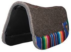 a horse saddle cover with multicolored stripes on the front and back, shown from the side