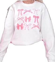 Pink Kawaii Sweatshirt, Pink Bow Top For Fall, Kawaii Crew Neck Sweatshirt, Pink Kawaii Sweatshirt For Spring, Sweet Pink Long Sleeve Sweatshirt, Pink Kawaii Crew Neck Sweatshirt, Cute Pink Crew Neck Sweatshirt, Casual Crew Neck Top With Pink Bow, Trendy White Tops With Bow Print