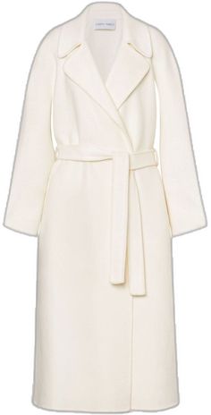 Elegant Beige Outerwear With Self Belt, Elegant Cream Wool Coat With Notch Lapel, Formal Wool Coat With Self Belt, Classic White Long Wool Coat, White Classic Wool Coat, Classic White Wool Coat, Classic White Wool Coat For Formal Occasions, Elegant Cream Wool Coat For Business, Elegant Cream Outerwear With Belted Cuffs