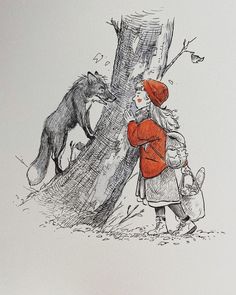 a drawing of a person with a red hat and coat next to a tree near an animal