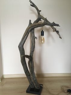 a lamp that is sitting on top of a wooden floor next to a tree branch