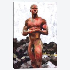 a painting of a naked man standing in front of rocks