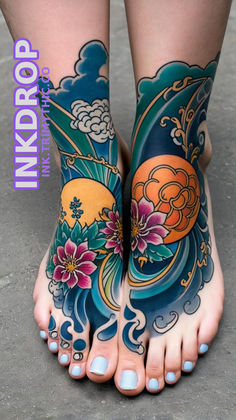 the legs and feet of a woman with colorful tattoos on her body are decorated with flowers