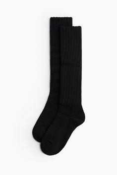 Slouchy  knee-high sports socks in a soft  fine knit. Ribbed legs with elastic at top. Goth Closet, Sports Socks Women, Cotton Plant, Thick Socks, Sports Socks, Black Socks, Long Socks, Knee High Socks, Sport Socks