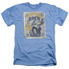 a blue t - shirt with an image of a man playing the guitar