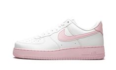 The Nike Air Force 1 Low '07 has returned with yet another vibrant colorway of the iconic silhouette.  A pastel update for the white sneaker fan, this low-top Air Force 1 features a light pink take on the brand’s signature Nike Swoosh on the side and heel tab.  On the lower half, a corresponding light pink sole completes the look and juxtaposes nicely with the all-white leather up top.  Nike Air branding appears on the tongue, heel, and midsole. Foams Shoes, Nike Air Force 1 Custom, Athletic Shoes Nike, Air Force 1 Custom, Nike Air Force 1 07, Nike Air Force 1 Low, Stadium Goods, Custom Nikes, Nike Swoosh