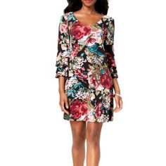 New With Tags! Material: 96% Polyester/4% Spandex Fitted Floral Print Elastane Dresses, Spring Sheath Dress In Elastane, Spring Sheath Mini Dress In Elastane, Spring Sheath Elastane Mini Dress, Sheath Elastane Mini Dress For Spring, Stretch Floral Print Elastane Dress, Fitted Multicolor Elastane Dress, Connected Apparel Dress, Size 6 Dress