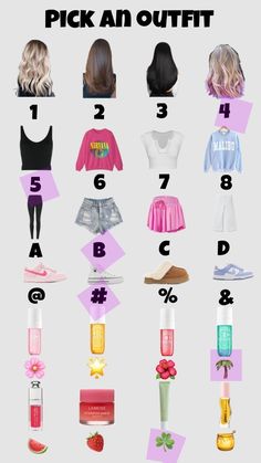 a poster with the words pick an outfit in different colors and sizes, including pink, blue