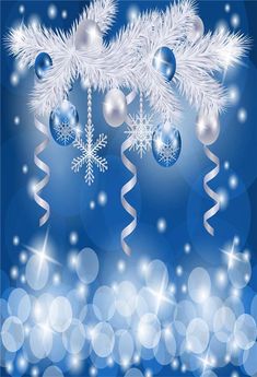 a blue christmas background with snowflakes and baubles hanging from the branches