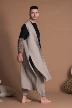 Long Vest Men, Jedi Fashion, Mens Tunic, Men Boho, Linen Vest, Linen Fashion, Palette Color, Mens Linen