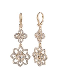 Gold Lace Double Drop Earring | Marchesa Elegant Gold Flower Pendant Earrings, Gold Jewelry With Sparkling Flower Stones, Marchesa Fashion, Gown Skirt, Petal Flower, Flower Plates, Jewelry Hair, Gold Lace, Leaf Pendant