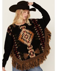 Cotton & Rye Women's Southwestern Fringe Pancho Sweater , Black Aztec Poncho, Western Sweaters, Charcoal Sweater, Style Long Sleeve Shirt, Fringe Poncho, Southwestern Print, Fringed Poncho, Western Chic, Poncho Style