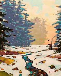 a painting of snow covered ground with trees in the background and water running through it