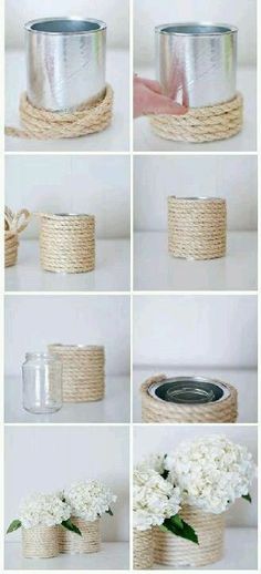 several pictures of different types of rope wrapped jars and vases with flowers in them