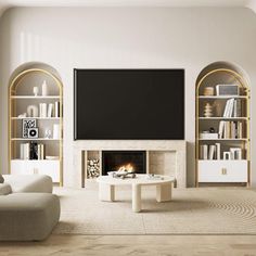 a living room with two white couches and a television mounted on the wall above it