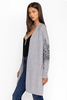 Crafted from a cozy wool and cashmere blend, the Relaxed Cardigan adds a layer of warmth and elegance to your look. Featuring a rounded neckline with an open front and long sleeves, this knee-length cardigan is finished with intricate embroidered detailing. Layer over a fitted tank and leggings for a sleek silhouette. Johnny Was Women's The Relaxed Cardigan in Grey, Size XS, Cashmere Fall Jacquard Knit Cardigan For Layering, Fall Cashmere Jacquard Knit Outerwear, Long Sleeve Cashmere Outerwear With Jacquard Knit, Long Sleeve Cashmere Jacquard Knit Outerwear, Cashmere Long Sleeve Jacquard Knit Outerwear, Elegant Jacquard Knit Cardigan For Winter, Jacquard Knit Cardigan For Layering, Chic Cashmere Sweater Coat For Layering, Winter Cashmere Fine Knit Cardigan