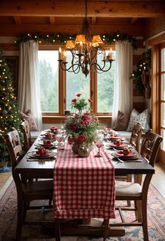 a dining room table set for christmas dinner with red and white checkered tablecloth