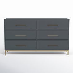 a gray dresser with gold handles and drawers on it's sides, against a white background