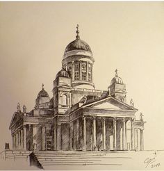 a drawing of a building with two domes on it's roof and steps leading up to the top