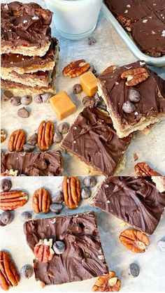 several pieces of chocolate pecan bars with nuts on top and one slice cut in half