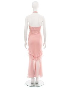 For Sale on 1stDibs - ▪ Christian Dior evening dress ▪ Creative Director: John Galliano ▪ Sold by One of a Kind Archive ▪ Spring-Summer 2004 ▪ Pale pink silk chiffon ▪ Halterneck Pink Halter Neck Formal Evening Dress, Formal Pink Halter Neck Evening Dress, Feminine Pink Summer Evening Dress, Feminine Pink Silk Evening Dress, Pink Feminine Silk Evening Dress, Evening Pink Halter Neck Maxi Dress, Formal Pink Chiffon Evening Dress, Pink Chiffon Evening Dress For Formal Occasions, Pink Chiffon Evening Dress For Cocktail