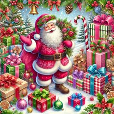 a painting of santa claus surrounded by christmas presents