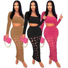 Great Shopping NEW Sexy Women Long Sleeves Hollow Out Lowcut Solid Bodycon Midi Dress 2pcs Club, Fashion Women's Dresses Club Fashion, Bodycon Midi Dress, Bodycon Midi, Midi Dress Bodycon, Women's Fashion Dresses, Women's Dresses, Women Long Sleeve, Dress Outfits, Midi Dress