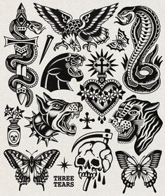 an assortment of tattoo designs on white paper