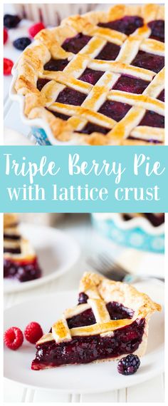 triple berry pie with lattice crust on a white plate and blue background text reads triple berry pie with lattice crust