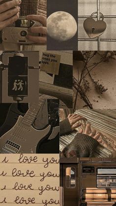 a collage of photos with words and pictures on the wall, including a guitar