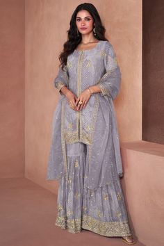 Smoke Grey Embroidered Faux Georgette Sarara Kameez Ready To Wear Saree, Ethnic Looks