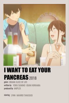 an image of two people sitting at a table with food in front of them and the caption i want to eat your pancreas 2013